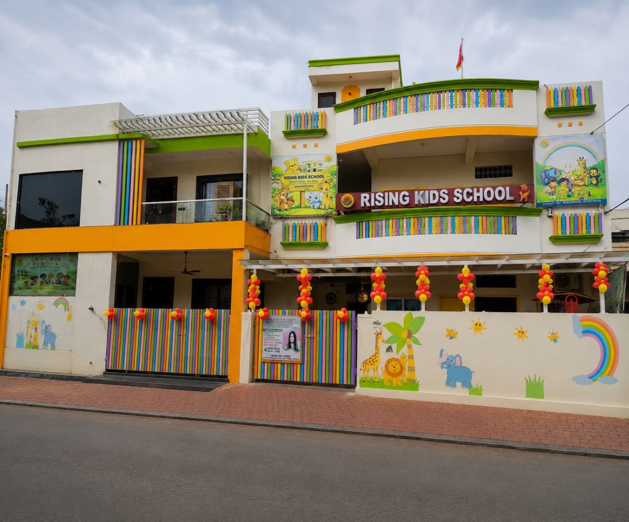 Rising Kids School building with colourful pencil decorations